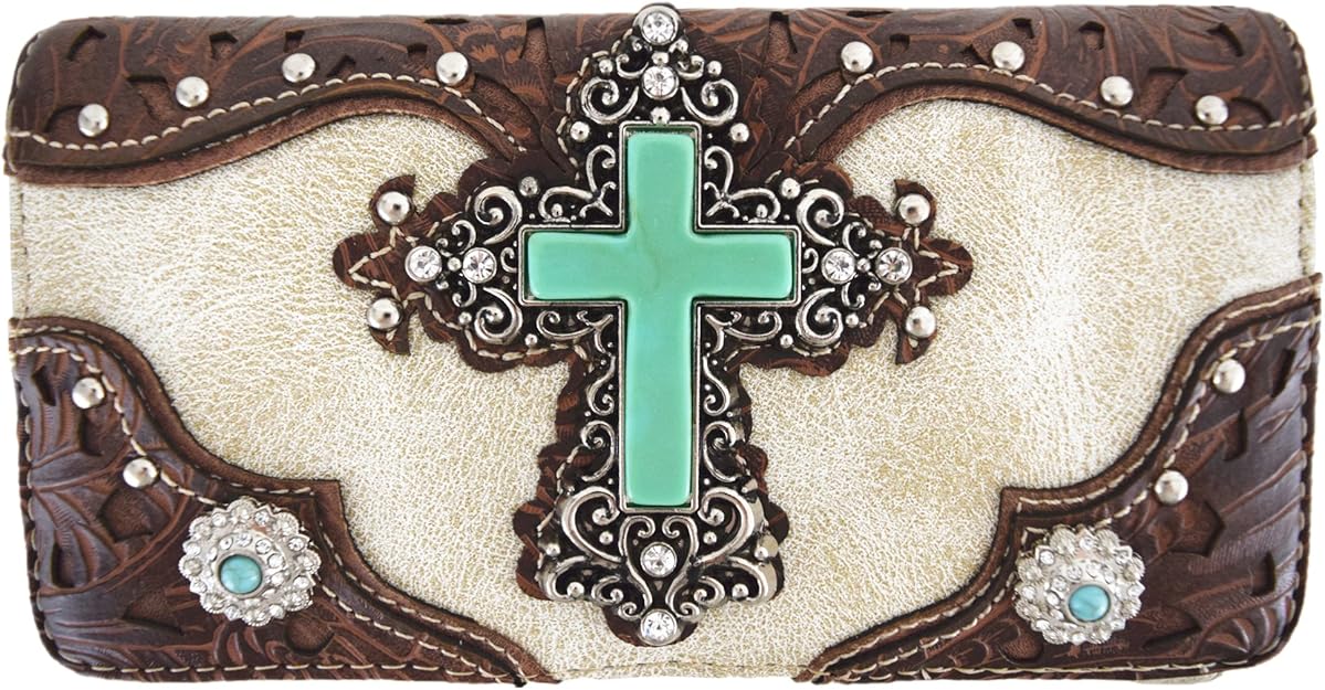 Western Style Rhinestone Cross Conchos Studded Women Purse Tooled Leather Handbag Country Shoulder Bag Trifold Wallet Set