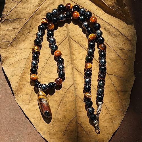 Triple Protection Beaded Necklace of Hematite, Tiger’s Eye & Obsidian with Tiger Stone Pendant