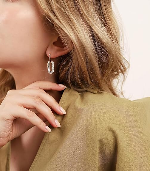 OZEL – CZ Chain Link Dangle Earrings for Women with Cubic Zirconia Stones – 14k Yellow Gold or White Gold Plated Square Oval Round U Shape