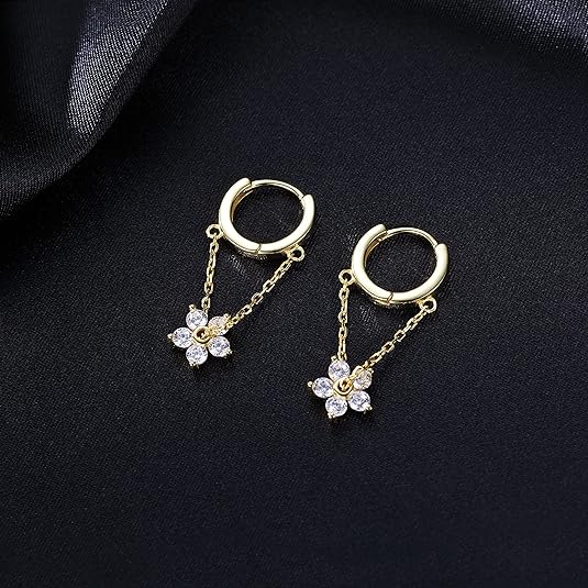 Reffeer Solid 925 Sterling Silver Flower Chain Drop Earrings Hoop for Women Teen Girls Huggie Hoop Dangle Earrings Chain