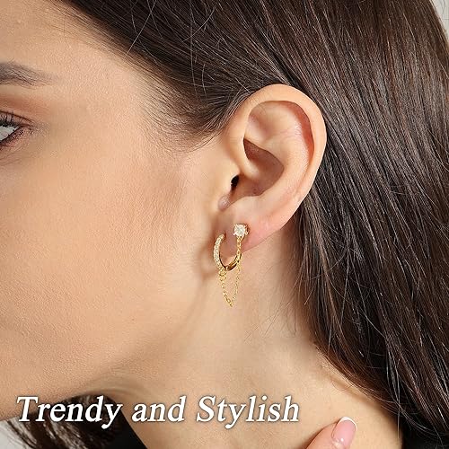 925 Silver Hoop Chain Earrings for Women 14K Gold Plated Trendy Chain Dangle Earrings