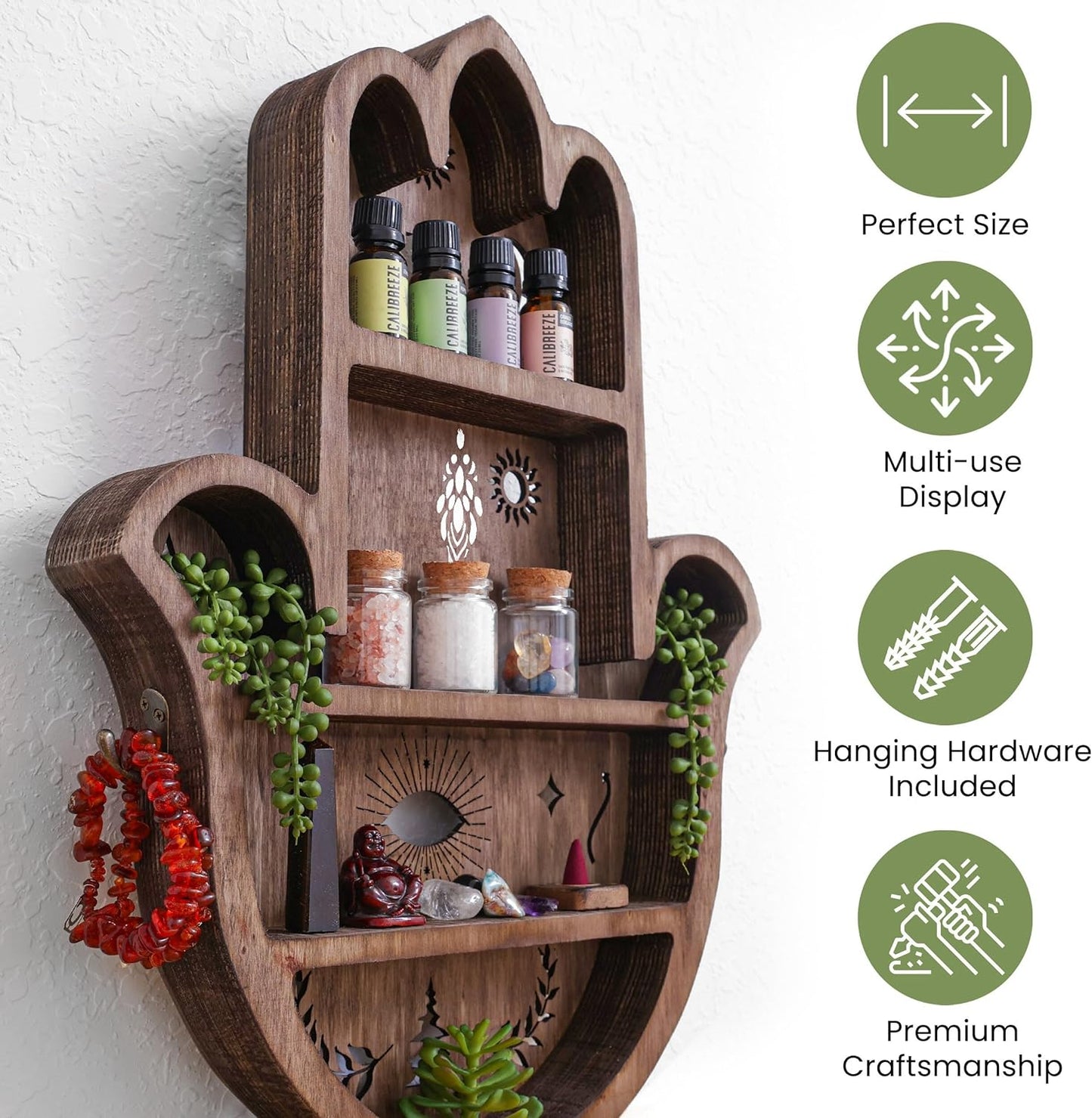 TAMIM CRAFTS Wooden Hamsa Shelf for Crystals- Large 20 Inch Crystal Display Shelf for Stones, Crystal Holder Shelf, Essential Oil Display, Hand Crystal Shelf for Room Decor, Hamsa Wall Décor