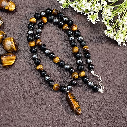 Triple Protection Beaded Necklace of Hematite, Tiger’s Eye & Obsidian with Tiger Stone Pendant