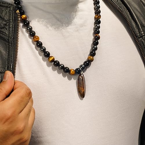 Triple Protection Beaded Necklace of Hematite, Tiger’s Eye & Obsidian with Tiger Stone Pendant