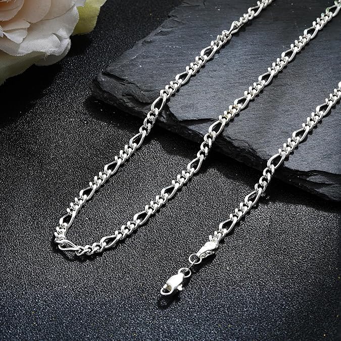 925 Sterling Silver Over Figaro Chain, Dianty Diamond Cut 4mm Silver Chain for Men Jewelry Gifts for Men Father Boyfriends 20 Inches