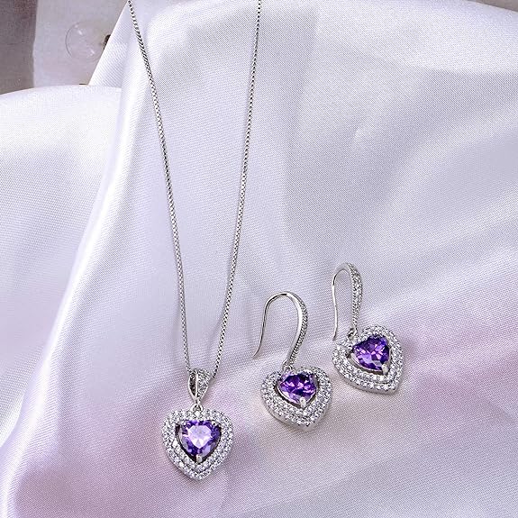 AMYJANE Crystal Jewelry Set Bride Bridesmaid- Sterling Silver Heart Shape Cubic Zirconia Crystal Bridal Pendant Necklace Earrings Set for Women