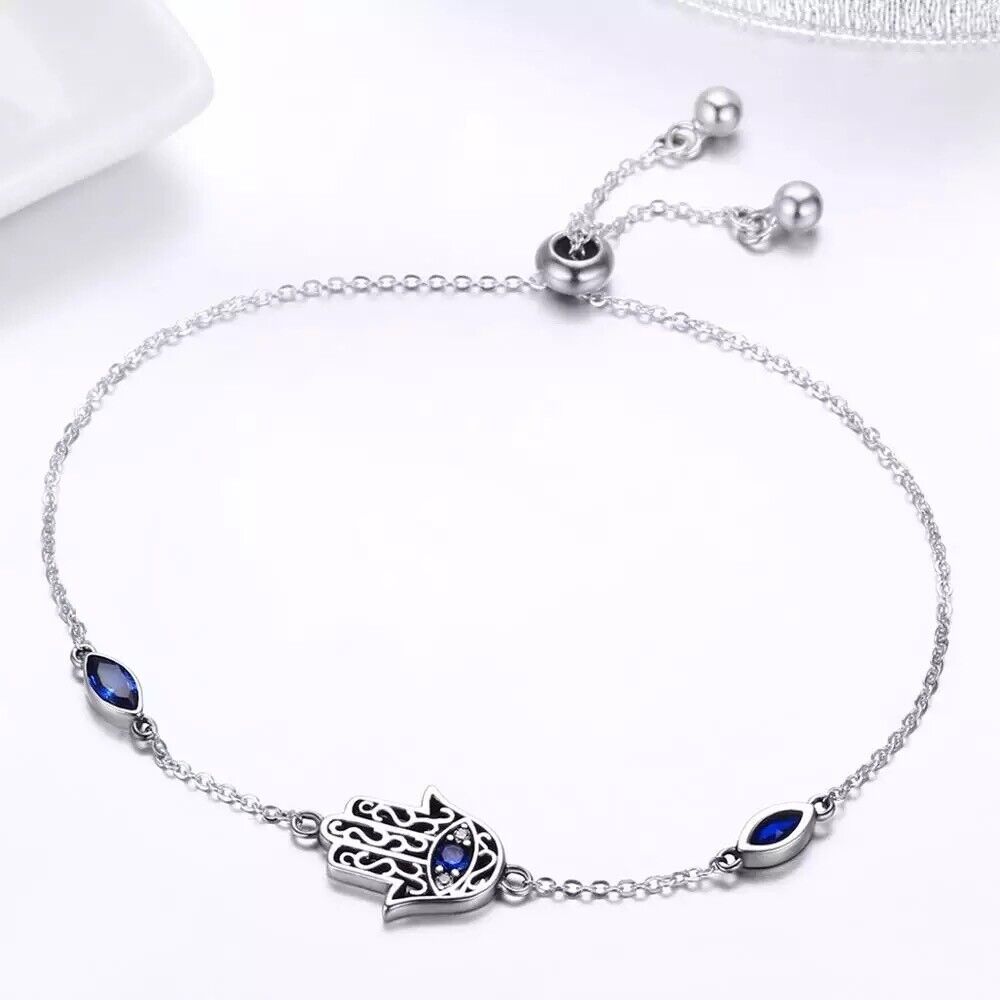 Hamsa Hand Bracelet / Evil Eye Bracelet 925 Sterling Silver / Cubic Zirconia