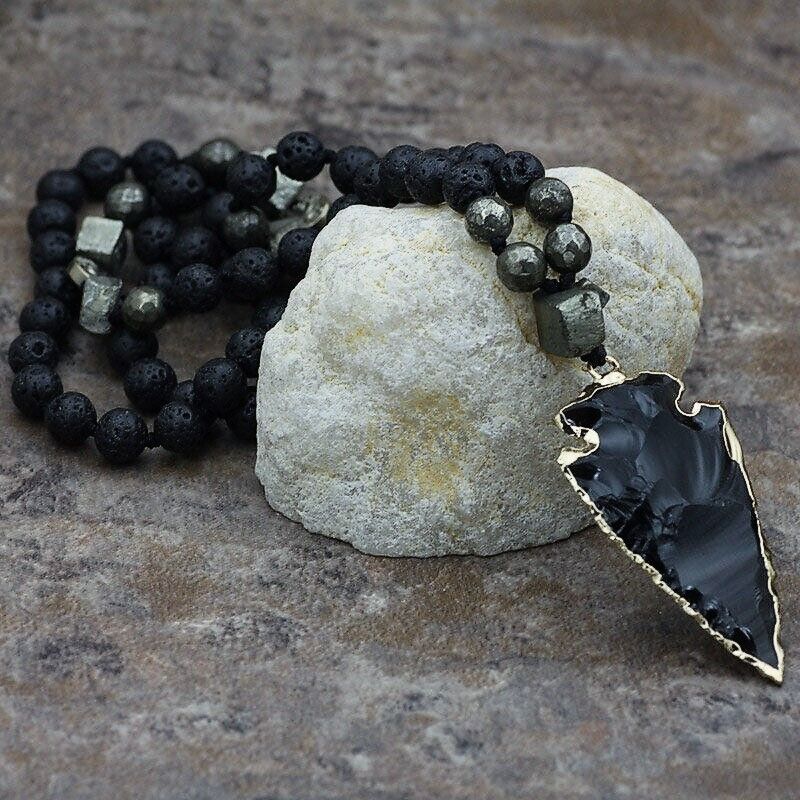 Natural Lava Rock Volcano Stone Beaded Necklace Obsidian Arrowhead Pendant