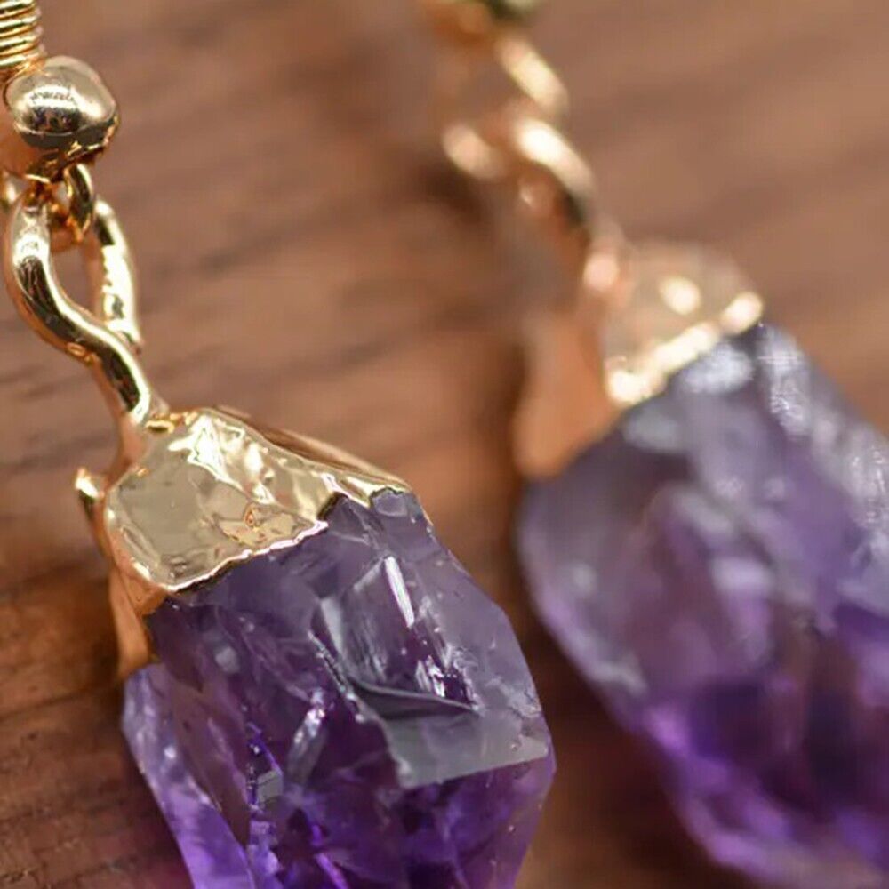 Natural Raw Amethyst Stone Dangle Earrings Purple Crystal Drop Earrings Handmade