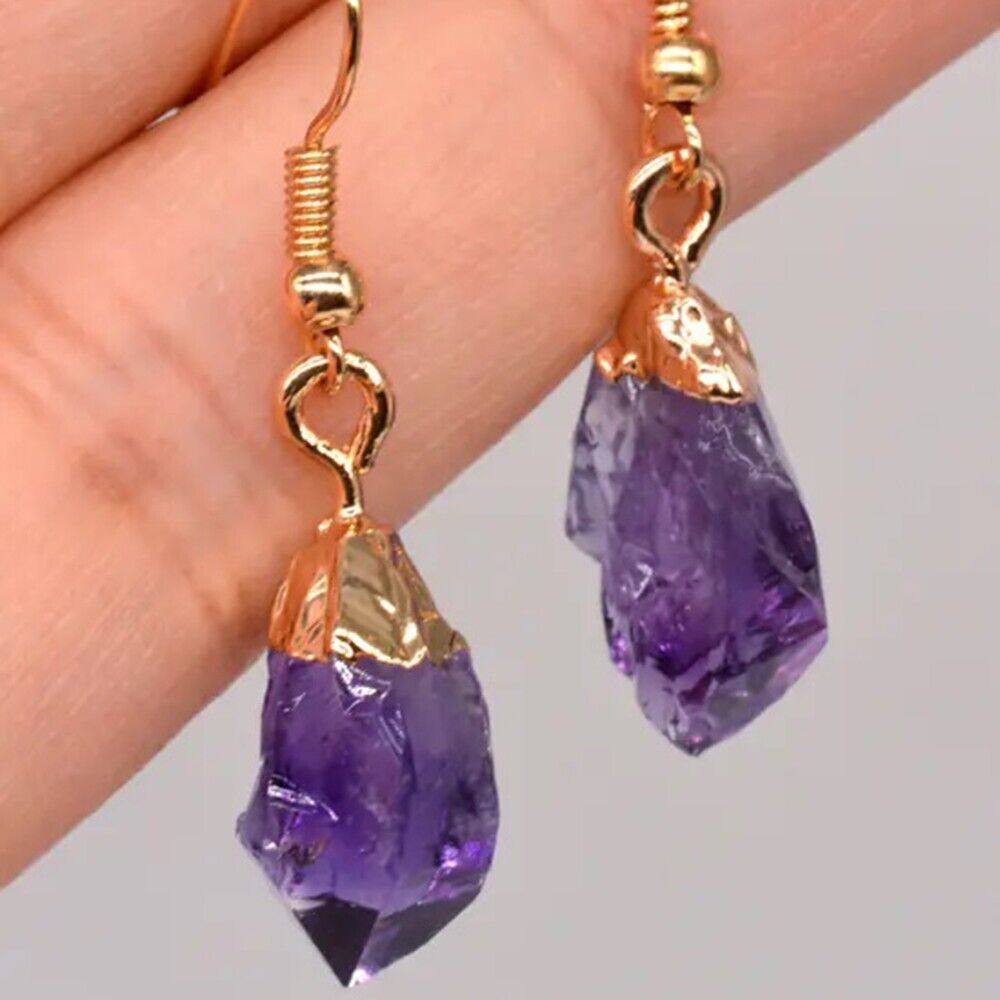 Natural Raw Amethyst Stone Dangle Earrings Purple Crystal Drop Earrings Handmade