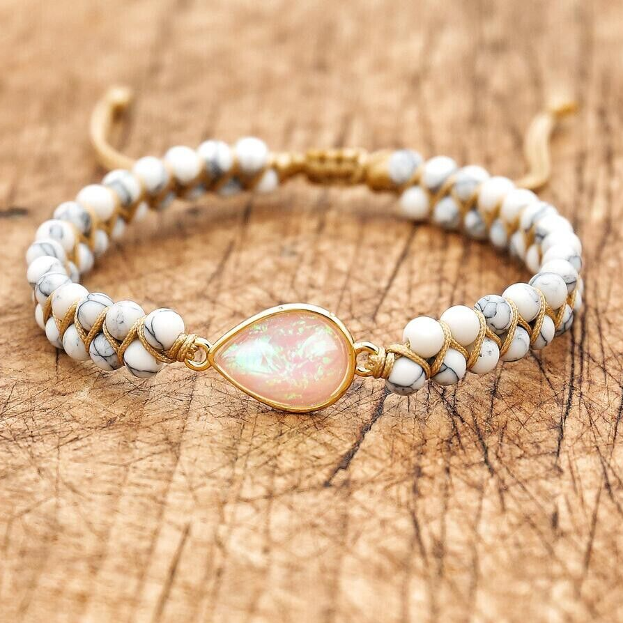 Natural Howlite Stone Braided Bracelet Opal Gemstone Teardrop Charm Bracelet