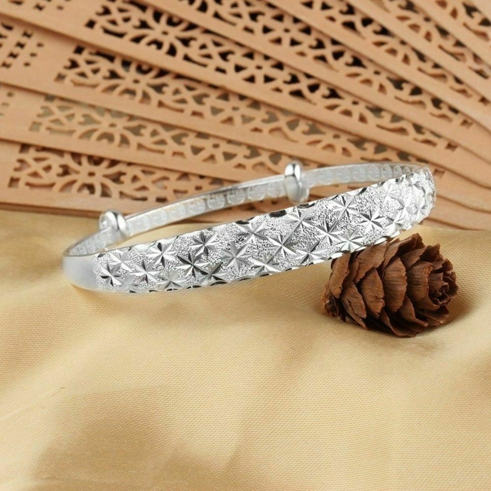 925 Sterling Silver Women New Fashion Charm Wristband Bracelet Bangle Cuff