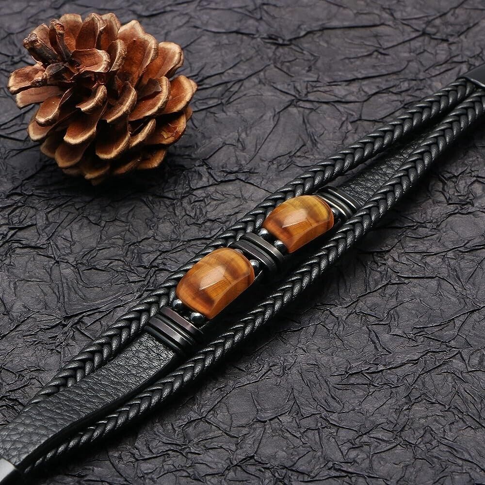 Natural Tiger's Eye Stone Men's Leather Braided Bracelet Bangle Magnetic Clasp