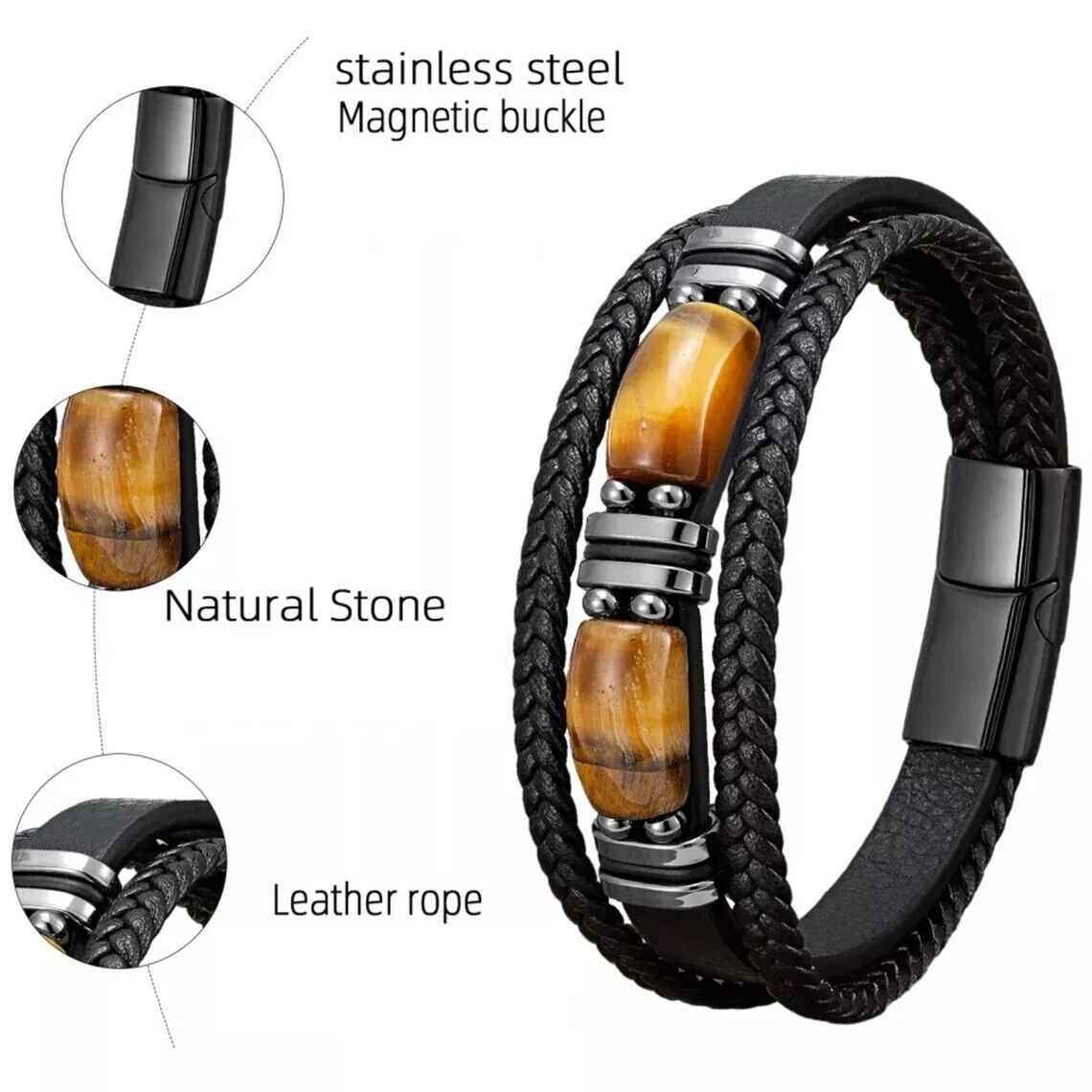 Natural Tiger's Eye Stone Men's Leather Braided Bracelet Bangle Magnetic Clasp