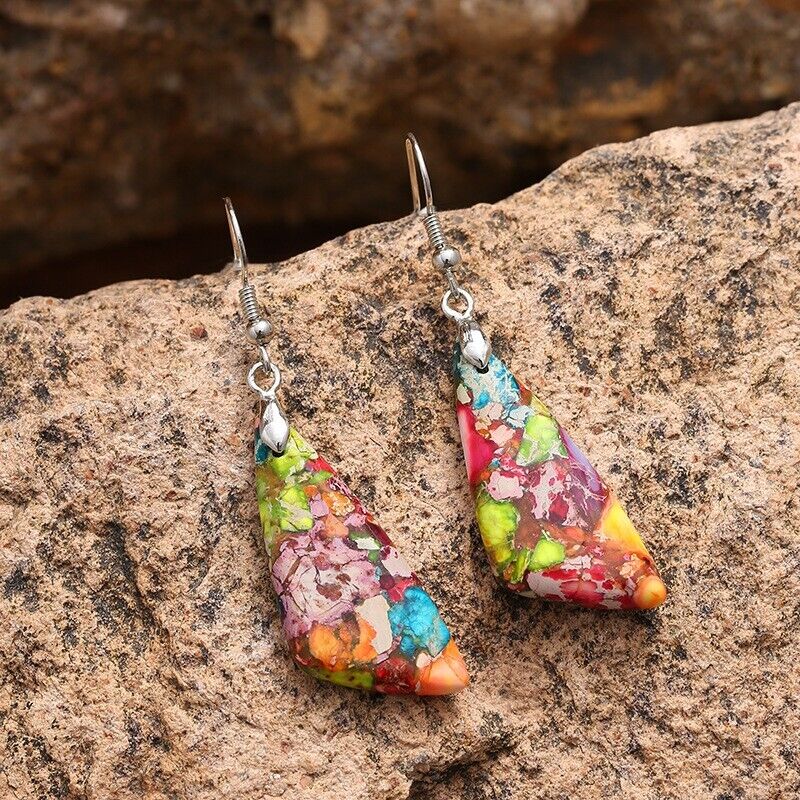 Ocean Jasper Boho Slab Dangle Healing Anxiety Relief Chakra Women Earrings