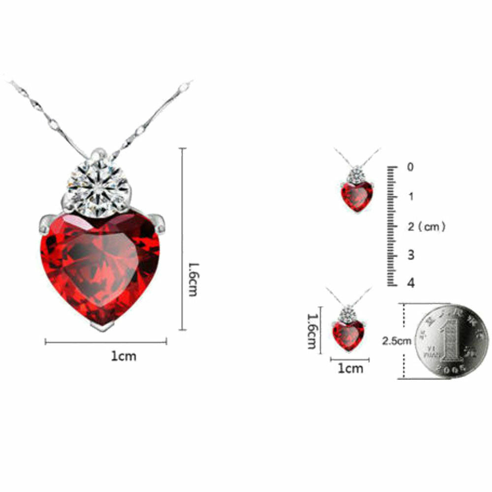 18” 925 Sterling Silver Red Garnet Heart Crystal Necklace for Women