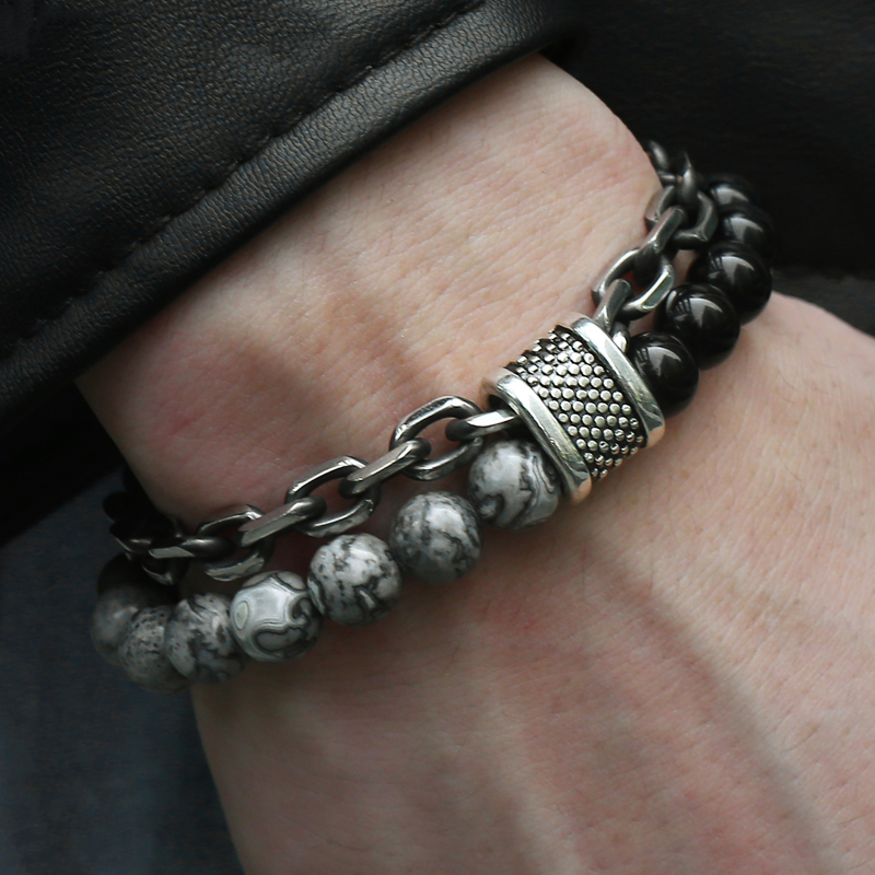 Natural Map Stone Men's Beaded Stainless Steel Bracelets Jewelry