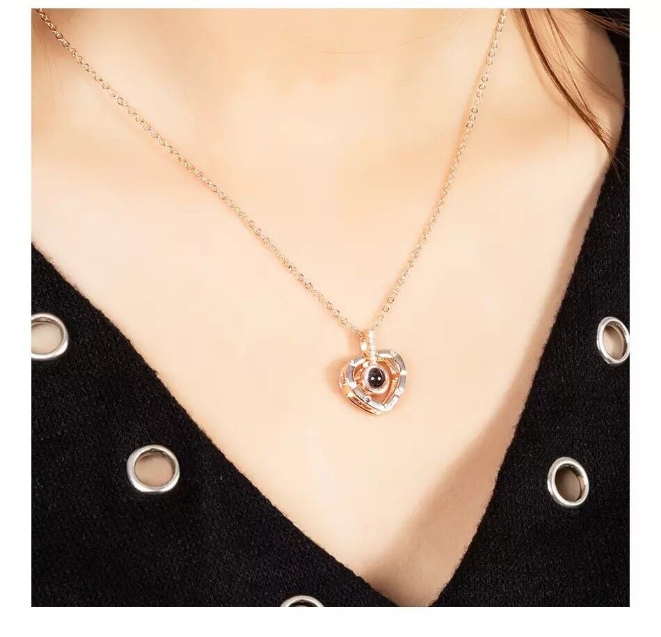 I LOVE YOU in 100 Languages Light Projection Heart Necklace