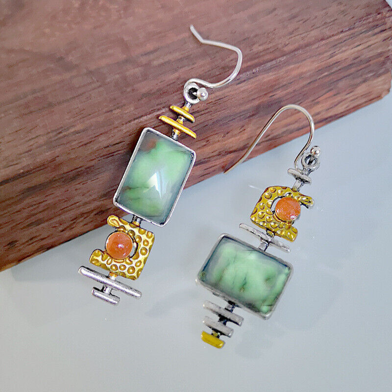 925 Silver Plated Turquoise Hook Earrings – Simulated Stone Drop Dangle – Boho Women’s Jewelry