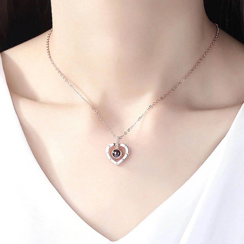 I LOVE YOU in 100 Languages Light Projection Heart Necklace