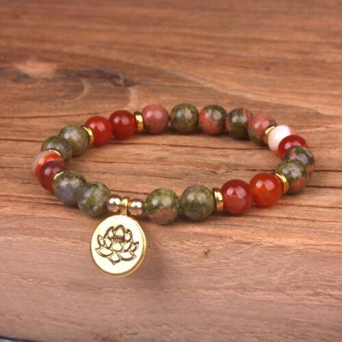 Natural Unakite Red Jade Handmade 8mm Beads Healing Reiki Lotus Women Bracelet