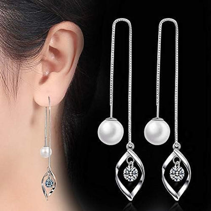 Elegant 925 Sterling Silver Threader Tassel Earrings Pearl Ball Drop Long Chain Earrings Wedding for Women and Girls