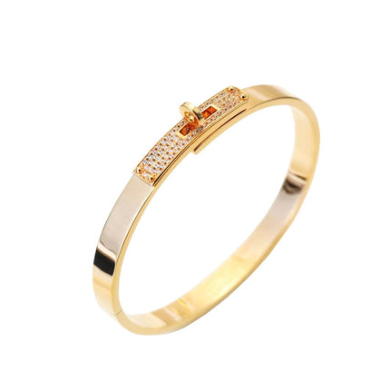 18K Gold Plated Turn Lock Bracelet with Cubic Zirconia，Classical Fashion Stainless Steel Bangle Bracelet for Men and Womens