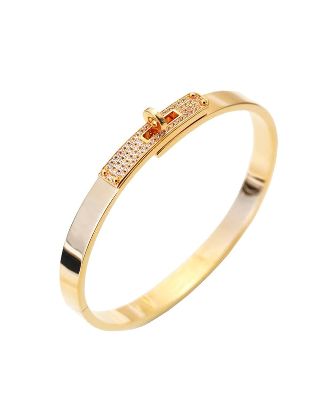 18K Gold Plated Turn Lock Bracelet with Cubic Zirconia，Classical Fashion Stainless Steel Bangle Bracelet for Men and Womens