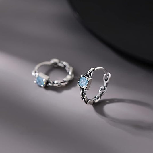 SLUYNZ 925 Sterling Silver Blue CZ Hoop Earrings for Women Teens Link Hoop Earrings Retro Huggie Hoop Earrings