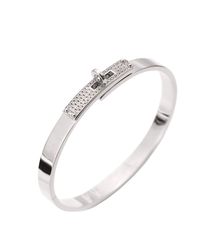18K Gold Plated Turn Lock Bracelet with Cubic Zirconia，Classical Fashion Stainless Steel Bangle Bracelet for Men and Womens