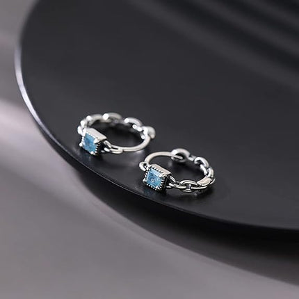 SLUYNZ 925 Sterling Silver Blue CZ Hoop Earrings for Women Teens Link Hoop Earrings Retro Huggie Hoop Earrings