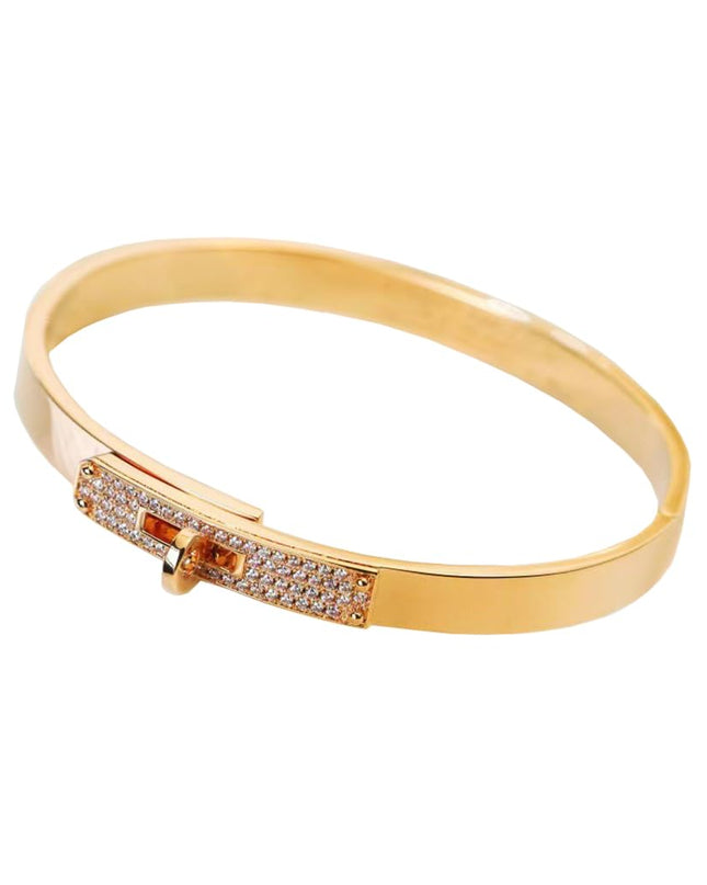 18K Gold Plated Turn Lock Bracelet with Cubic Zirconia，Classical Fashion Stainless Steel Bangle Bracelet for Men and Womens