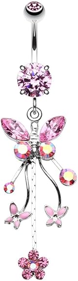 Pierced Owl 14GA Stainless Steel Butterfly with Dangling Charms Belly Button Ring