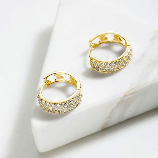 Carleen 14K Gold Plated Sterling Silver Hoop Earrings Pave Set Stunning Cubic Zirconia CZ Simulated Diamond Small Thick Sparkle Silver Hoop Earrings Fine Jewelry