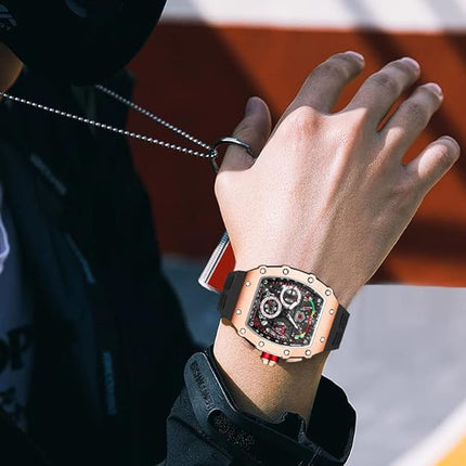 FANMIS Mens Luxury Tonneau Square Watches Analog Punk Chronograph Unique Sports Wrist Watch Japanese Movement Luminous Design with Rubber Band