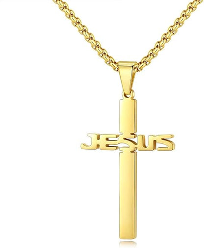 REVEMCN Stainless Steel Jesus Cross Pendant Necklace for Men Women 20-24 Inches Rolo Chain Christian Gifts for Men Faith