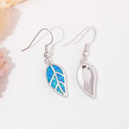 8K White Gold Plated Leaf Opal Dangle Drop Earrings for Women Teen Girls Hypoallergenic Opal Jewelry