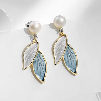 Enamel Leaf Pearl Earrings for Women Fashion Blue White Simple Small Dangle Earrings