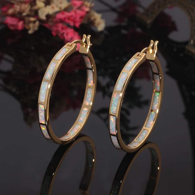 CiNily Opal Hoop Earrings,Women Jewelry Rhodium Plated Yellow Gold Plated Gemstone Big Hoop Earrings 32mm