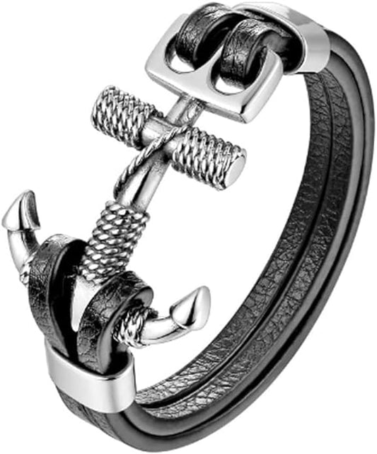 HAQUIL Double Layer Black Leather Bracelet for Men