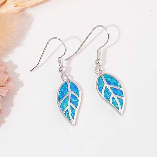 8K White Gold Plated Leaf Opal Dangle Drop Earrings for Women Teen Girls Hypoallergenic Opal Jewelry