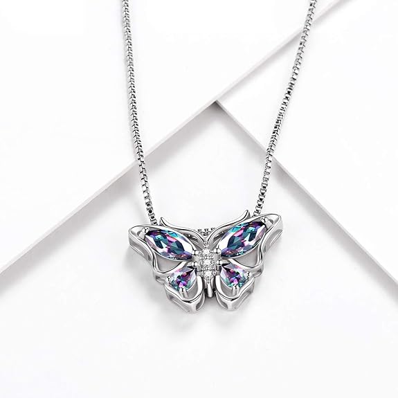 Aurora Tears Butterfly Birthstone Pendant Necklace - Women 925 Sterling Silver Butterflies Birthstone Pendant Necklace Jewelry Birthday Gift for Women