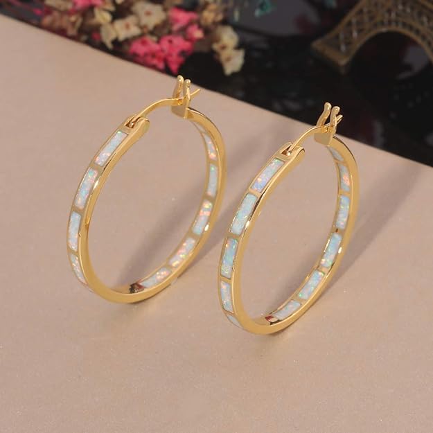 CiNily Opal Hoop Earrings,Women Jewelry Rhodium Plated Yellow Gold Plated Gemstone Big Hoop Earrings 32mm