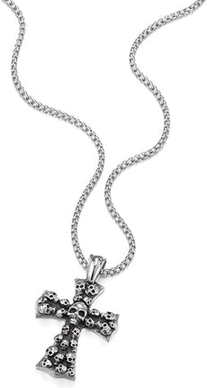 COOLSTEELANDBEYOND Men's Large Gothic Vintage Skulls Cross Pendant Necklace of Steel, Wheat Chain