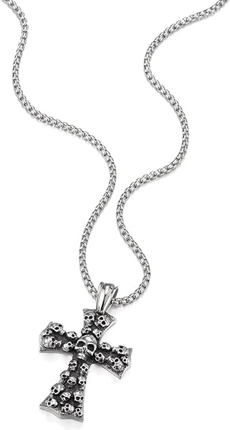 COOLSTEELANDBEYOND Men's Large Gothic Vintage Skulls Cross Pendant Necklace of Steel, Wheat Chain