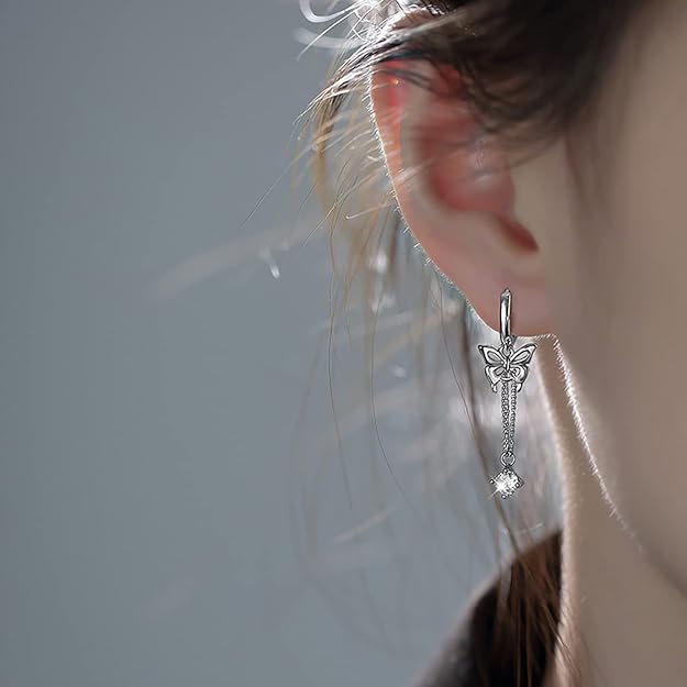 SLUYNZ Sterling Silver Butterfly Drop Dangle Small Hoop Earrings Chain for Women Teens CZ Butterfly Hoop Earrings Huggie