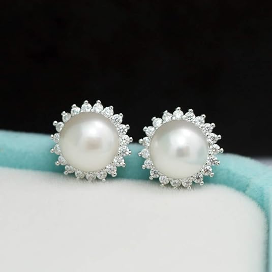 "Sunshine" Sterling Silver 8.5-9mm White Freshwater Cultured Pearl Earrings Studs AAA Zirconia Earrings Gift for Women