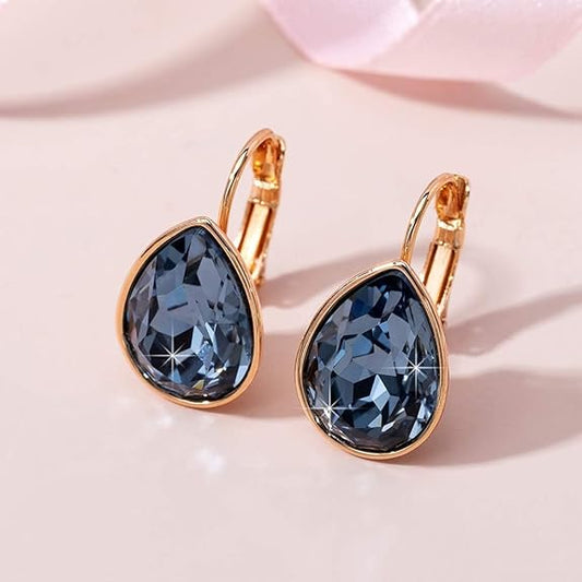 Teardrop Austrian Crystal Leverback Drop Earrings for Women 14K Rose Gold Plated Hypoallergenic Jewelry