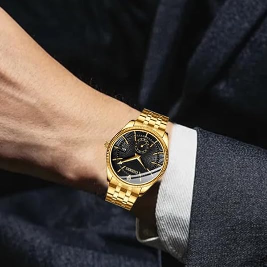 FANMIS Men's Luxury Analog Quartz Gold Wrist Watches Business Stainless Steel Band Dress Wrist Watch Classic Calendar Date Window 3ATM Water Resistant