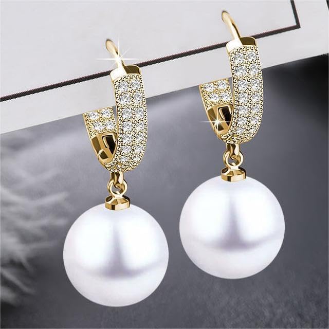 Pearl Drop Diamond Earrings for Women 925 Sterling Silver Rhinestone Pearl Earrings White Pearl Dangle Earrings